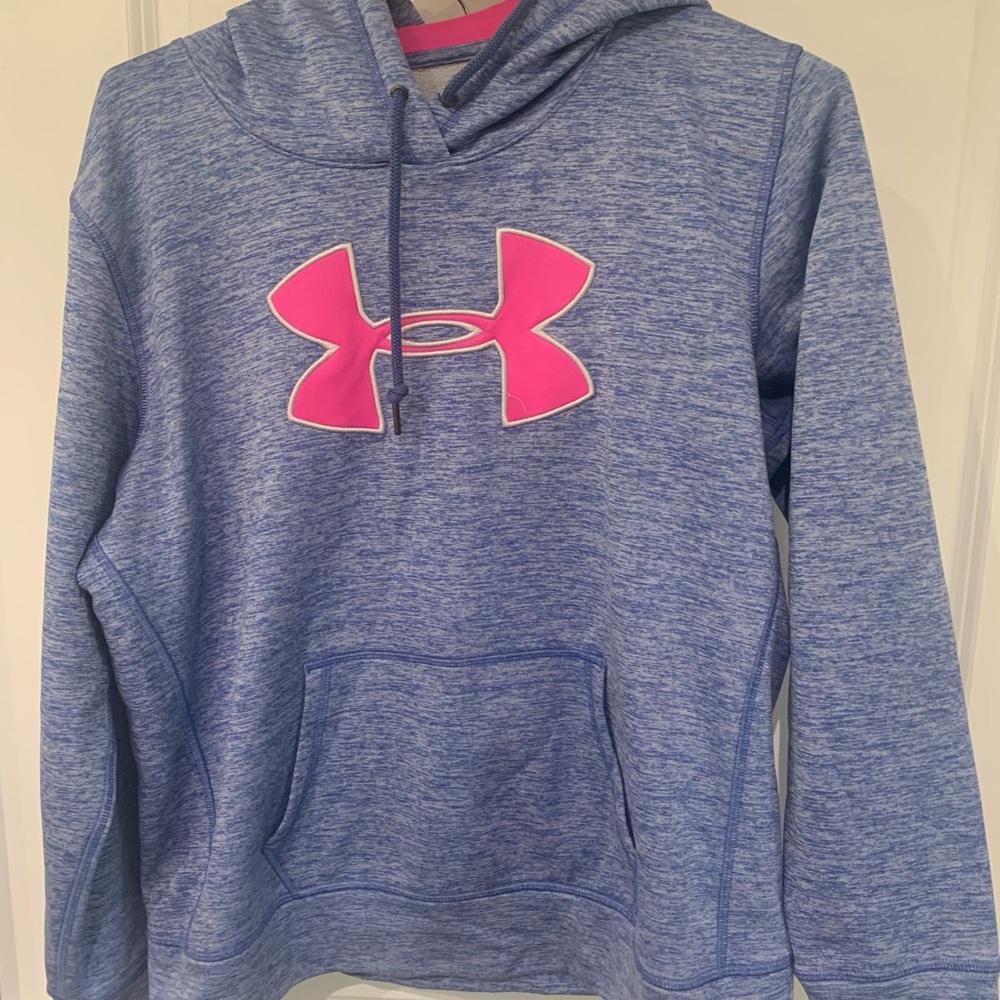 Heathered Blue Hoodie with Pink EmblemA11